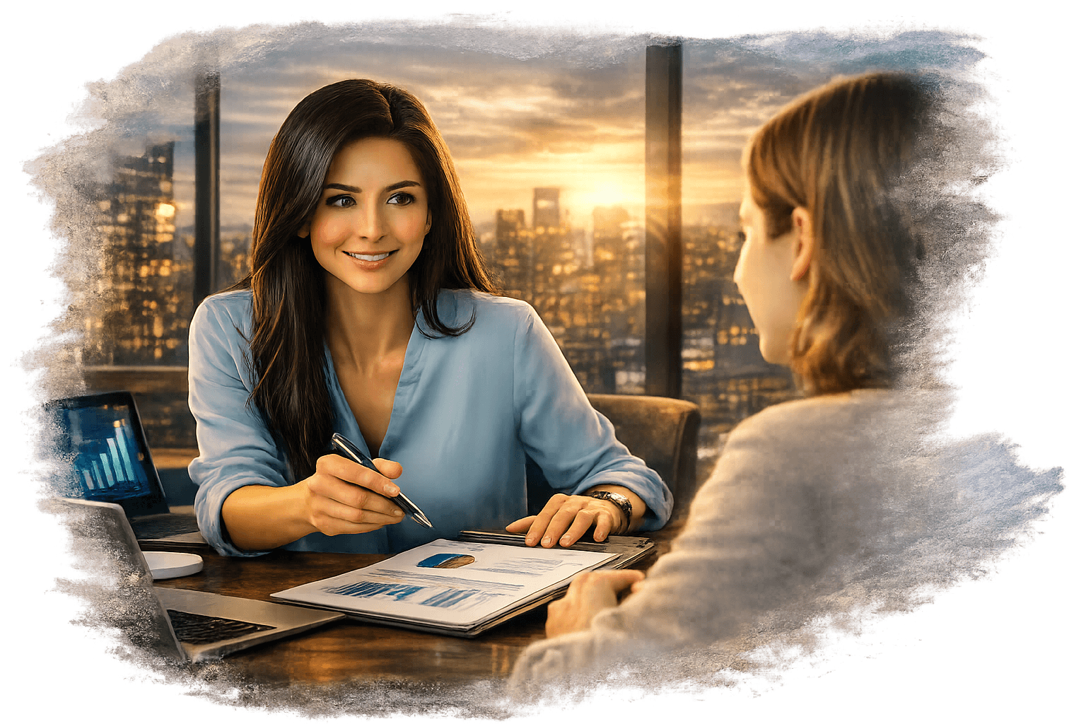 Asesora financiera conversando con una mujer en una oficina moderna al atardecer, señalando un documento con gráficos mientras la ciudad brilla al fondo.