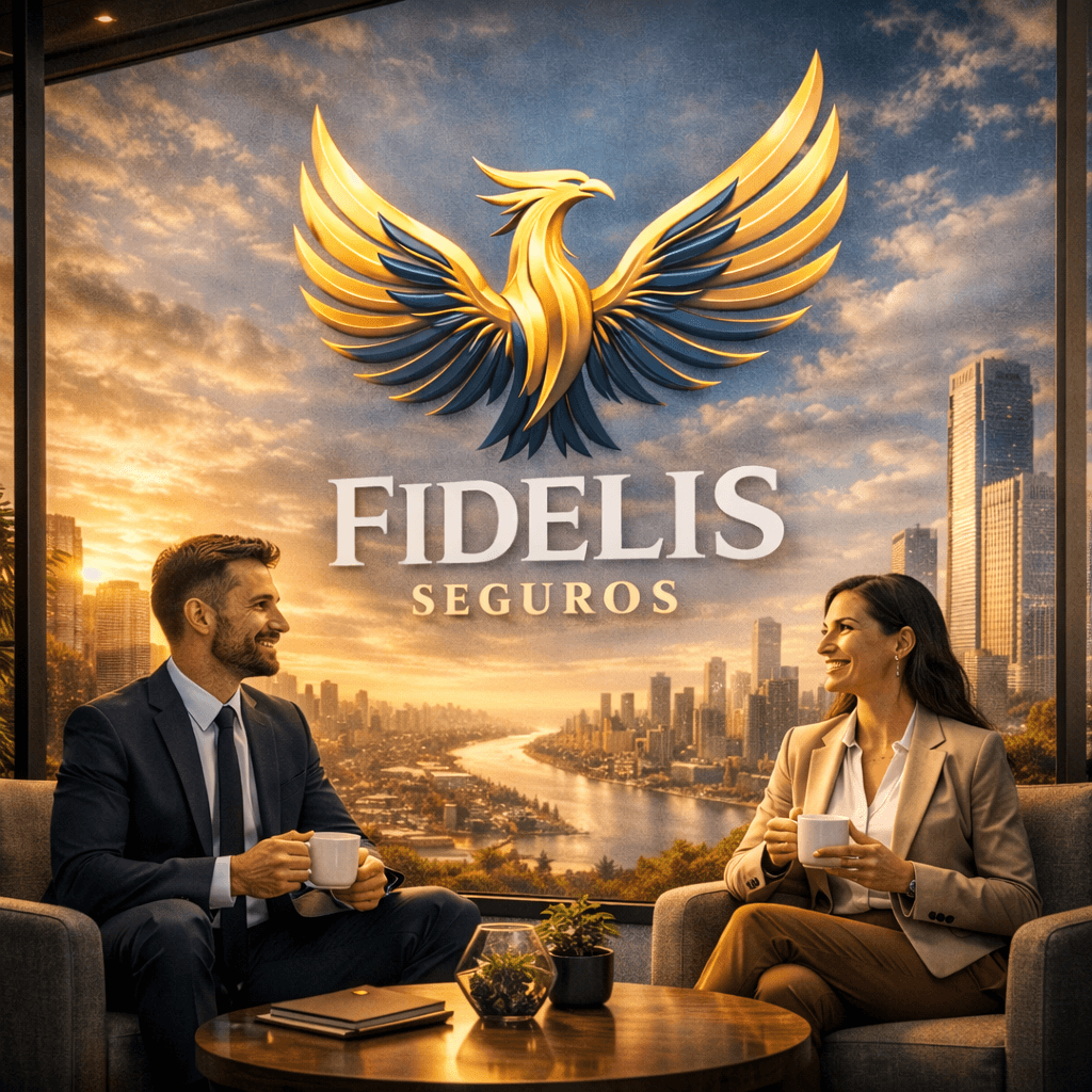 Asesores de Fidelis Seguros conversando con café en una oficina con vista a la ciudad, con el logotipo del fénix en el vidrio, representando confianza, cercanía y continuidad.
