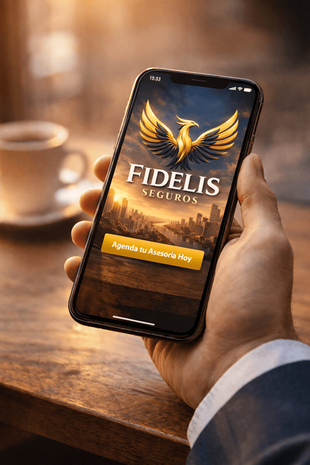 Persona sosteniendo un smartphone que muestra el logo del Fénix de Fidelis Seguros y un botón “Agenda tu Asesoría Hoy”.