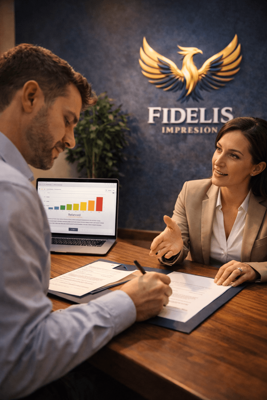 Asesora de Fidelis Seguros explica un plan mientras el cliente firma su contrato en una oficina corporativa con el emblema del ave fénix al fondo.