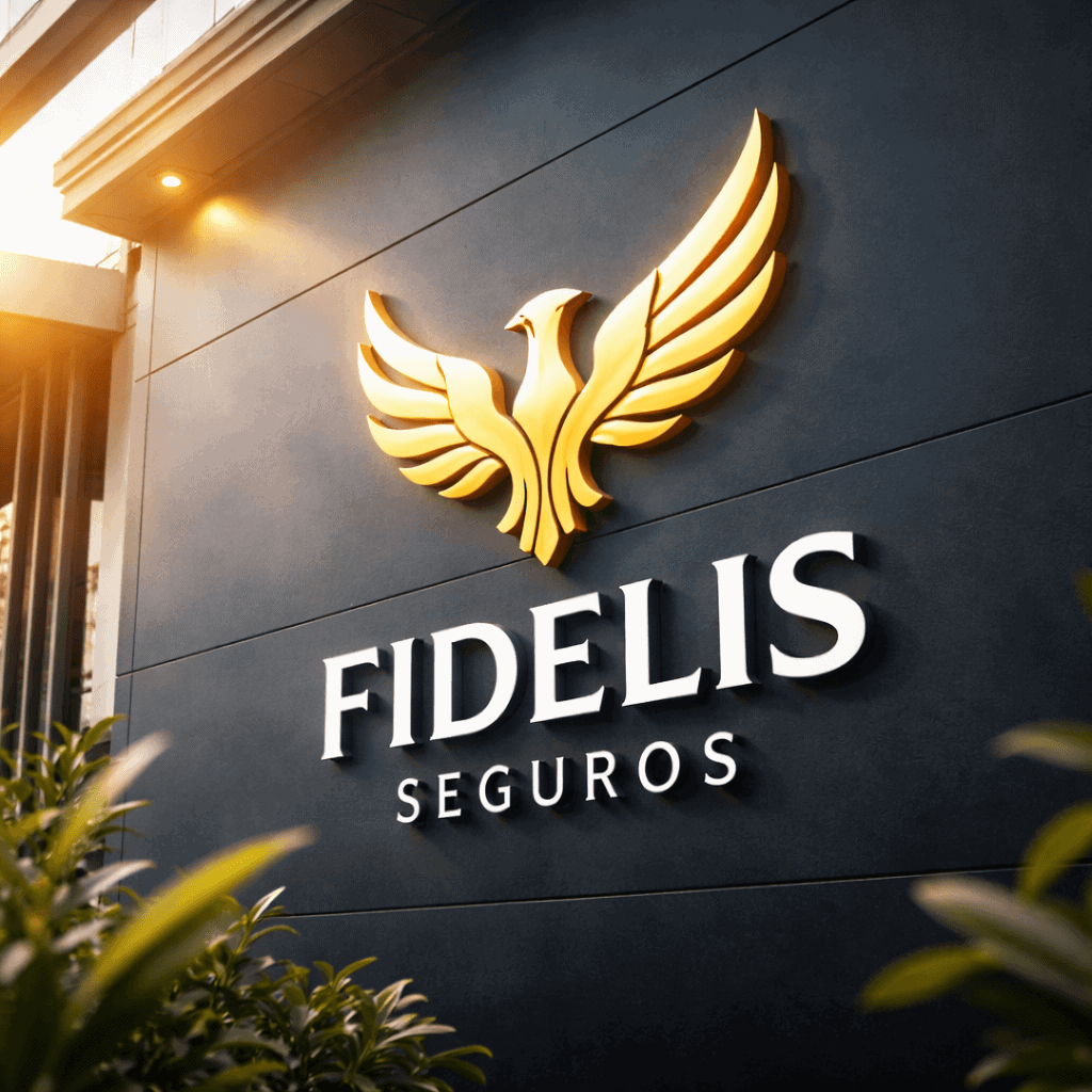 Fachada de Fidelis Seguros con el ave Fénix dorada iluminada sobre un muro oscuro, símbolo de protección, confianza y renacer.