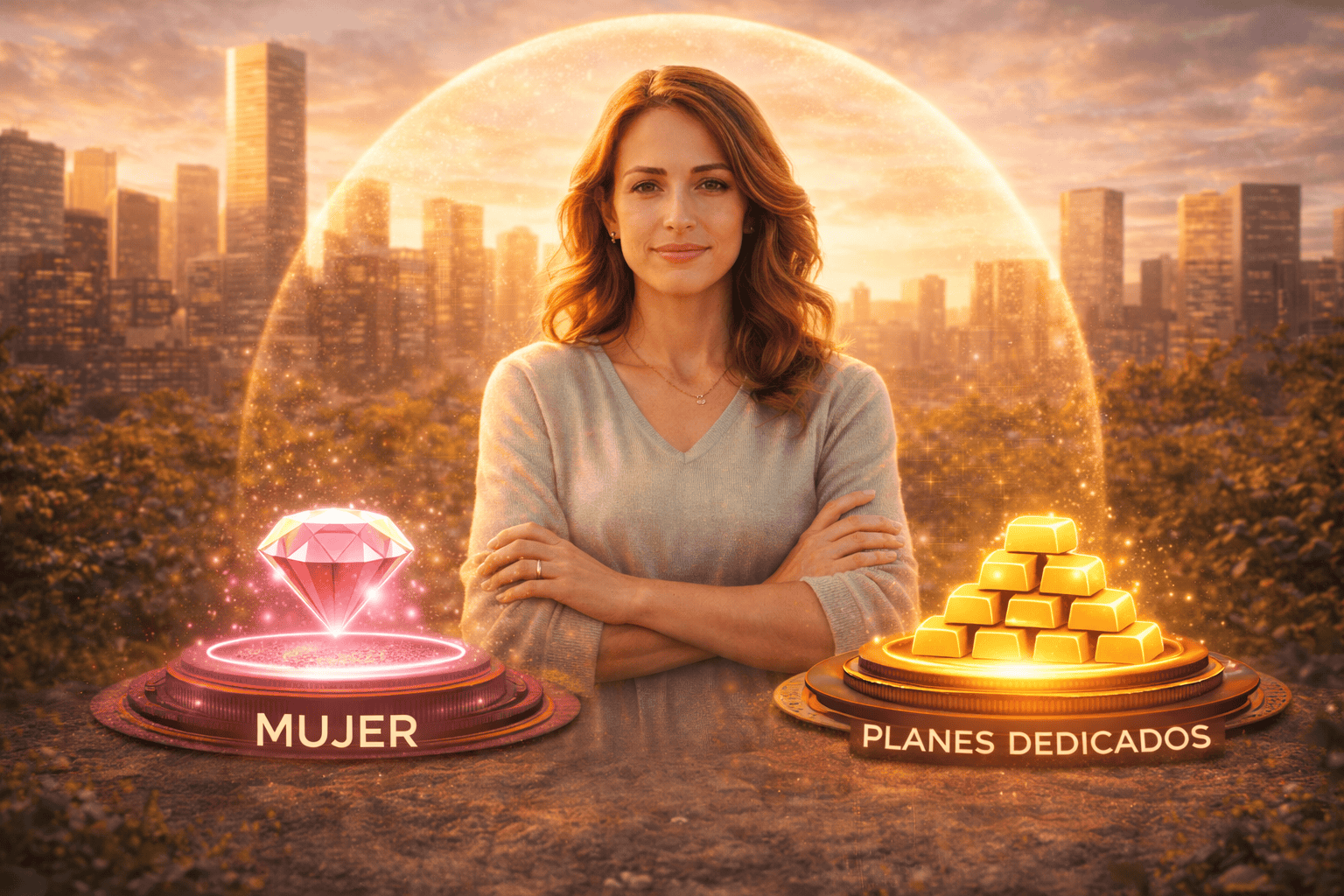 Mujer segura y confiada frente a una ciudad al amanecer, protegida por un halo de luz, con dos plataformas simbólicas: una con un diamante que representa “Mujer” y otra con lingotes de oro que representan “Planes Dedicados”.