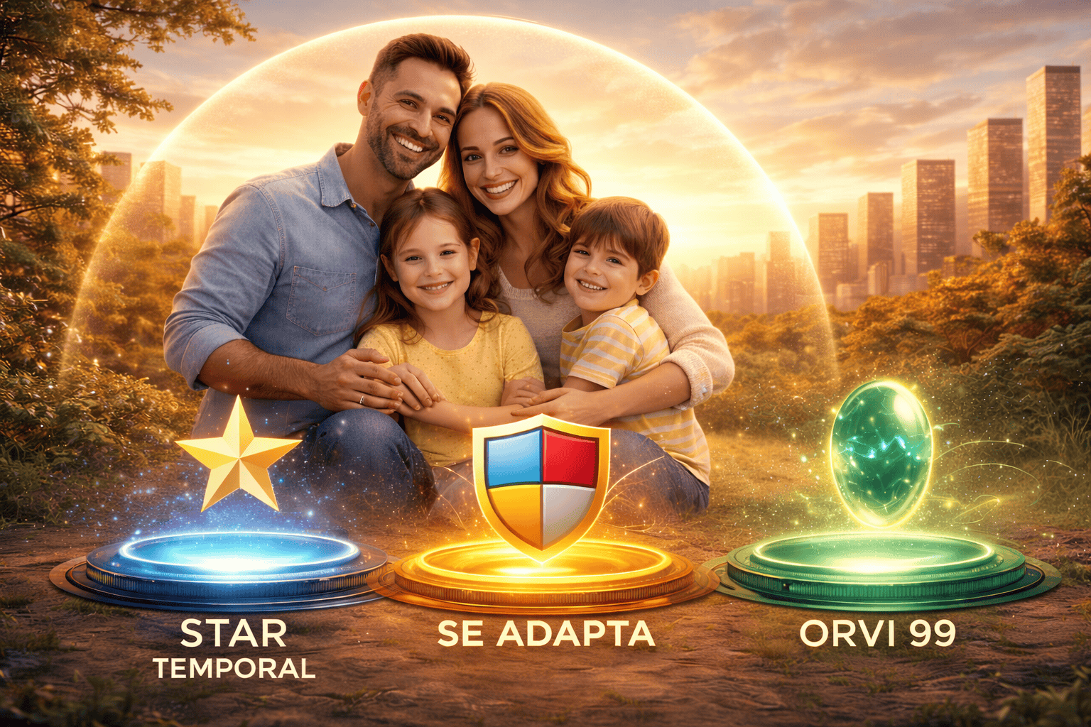 Imagen épica de Fidelis Seguros con el ave fénix sobre una ciudad al amanecer y tres productos destacados: Star Temporal, Se Adapta y Orvi 99, representados con símbolos luminosos.