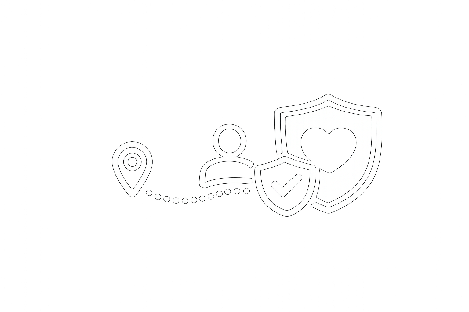 Ícono de persona guiada por un camino hacia escudos que representa acompañamiento humano.