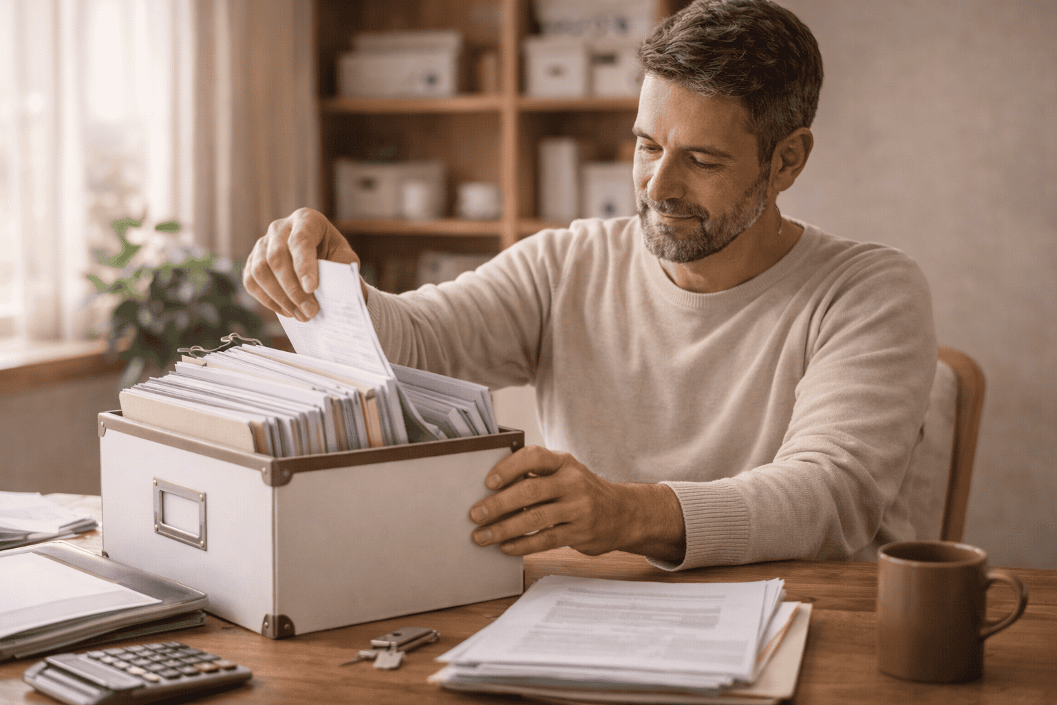Hombre organizando documentos importantes en casa con calma y orden.
