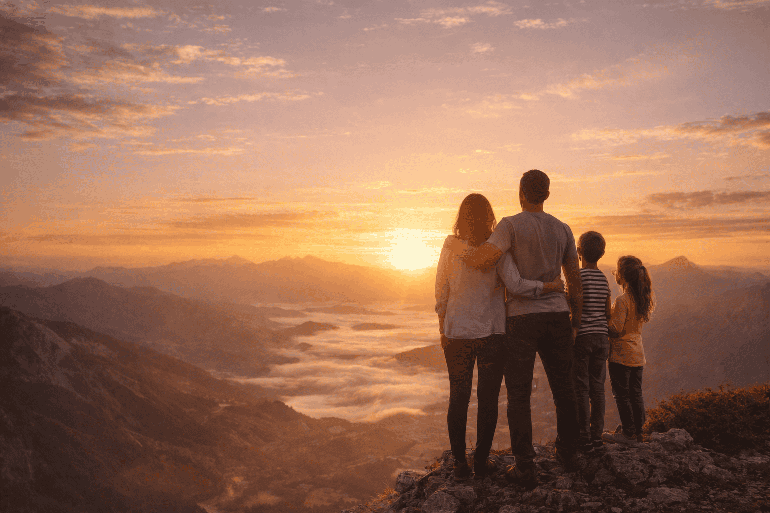 Familia caminando junta al atardecer por un sendero abierto, simbolizando protección, futuro y tranquilidad.