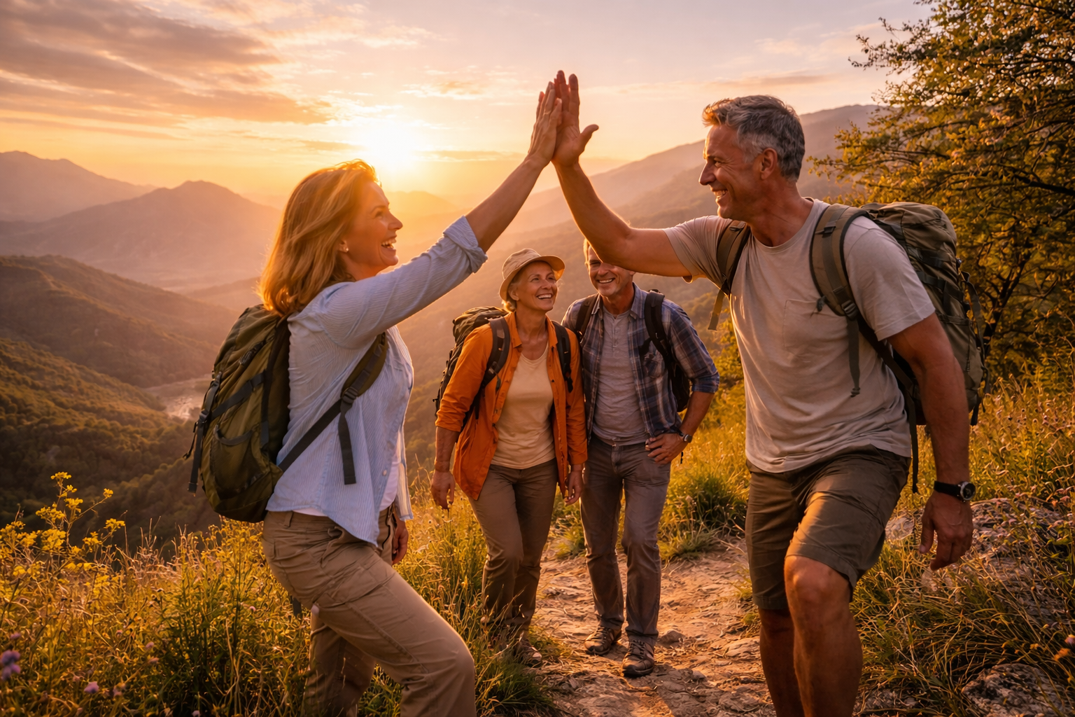 Grupo de hombres y mujeres de alrededor de 55 años celebrando en la cima de una montaña al atardecer, con mochilas y sonrisas, disfrutando un logro compartido.