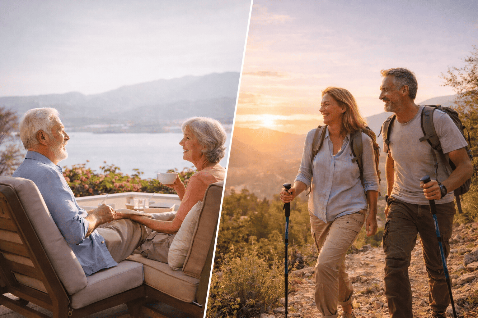 Imagen dividida que muestra dos formas de vivir el retiro: a la izquierda, una pareja disfruta tranquilamente frente a un lago; a la derecha, otra pareja camina activa por la montaña al atardecer.