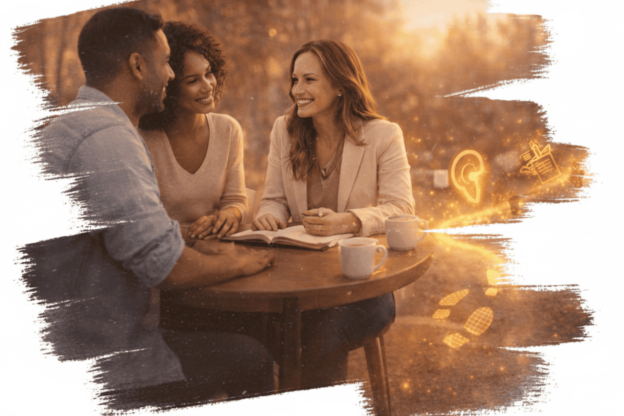 Asesora de seguros conversando con una pareja en un entorno cálido, simbolizando escucha, acompañamiento y planificación personalizada.