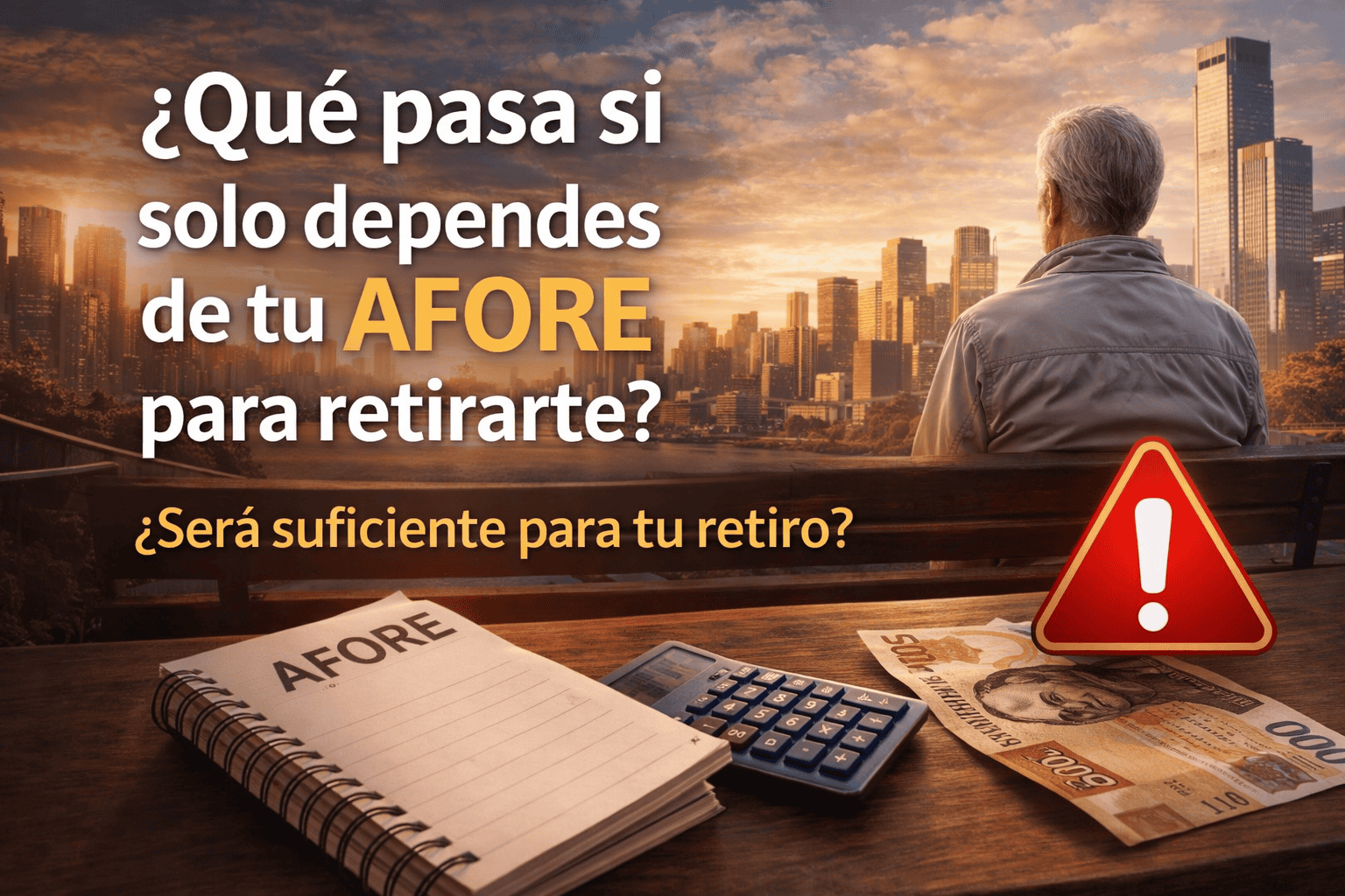 Hombre mayor observando la ciudad al atardecer mientras reflexiona si su AFORE será suficiente para su retiro en México, con documentos financieros y calculadora sobre la mesa.