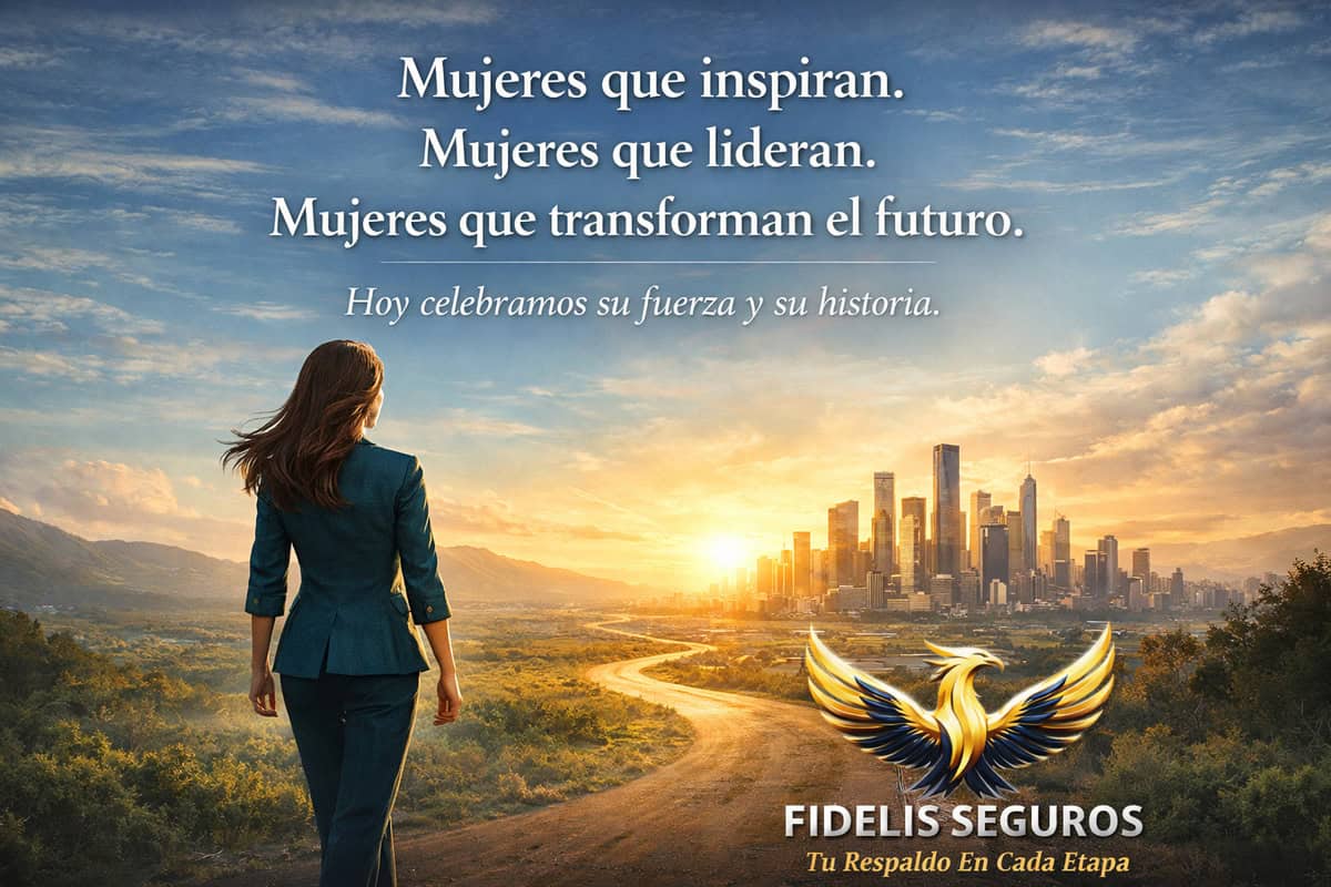 Mujer caminando hacia una ciudad iluminada al amanecer simbolizando liderazgo femenino, progreso y futuro, con mensaje de reconocimiento del 8 de marzo de Fidelis Seguros.