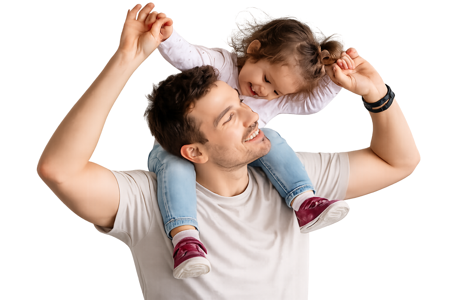 Padre jugando con su hija sobre los hombros, reflejando amor, conexión y momentos felices en familia.