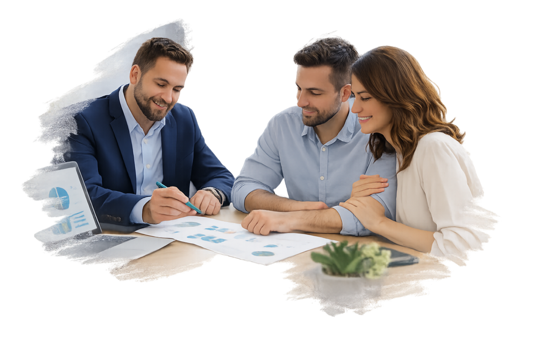 Pareja recibiendo asesoría financiera con un consultor, revisando documentos y gráficos para planificación económica y toma de decisiones.
