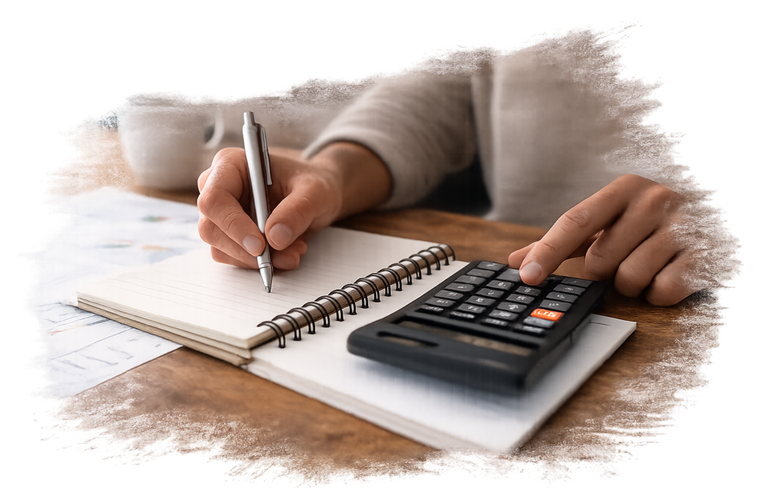 Persona escribiendo en libreta y usando calculadora, reflejando control financiero, planeación y organización económica.