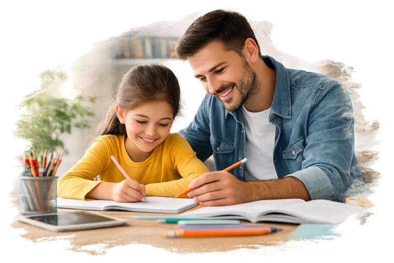 Padre ayudando a su hija con tareas escolares en casa, reflejando apoyo, educación y construcción de futuro.