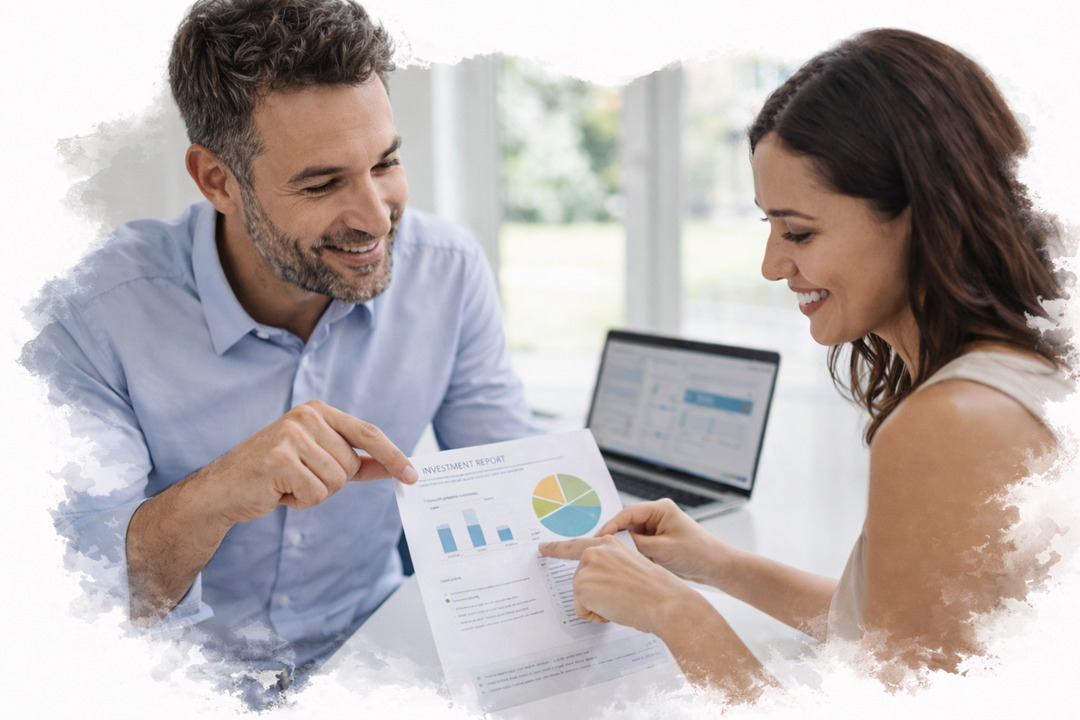 Asesor financiero explicando gráficos a una mujerrevisando información en una laptop para tomar decisiones económicas.