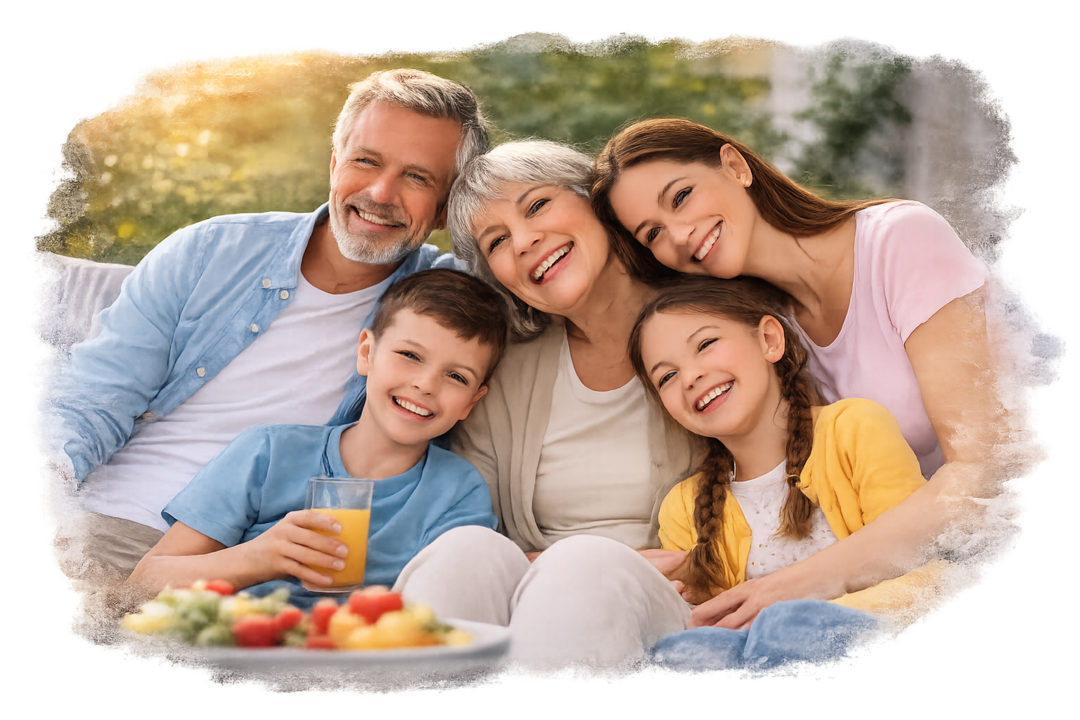 Familia multigeneracional sonriendo y abrazada al aire libre, reflejando unión, bienestar y seguridad familiar.
