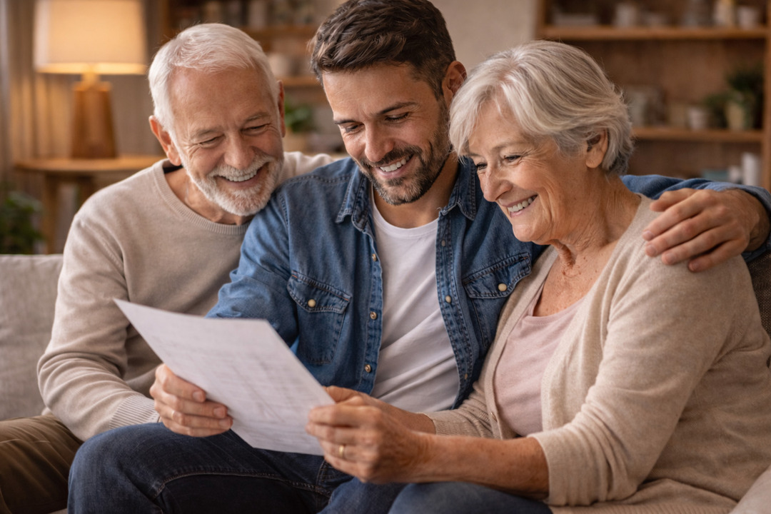 Familia revisando documentos financieros juntos en casa, representando planificación del retiro y estabilidad económica familiar.
