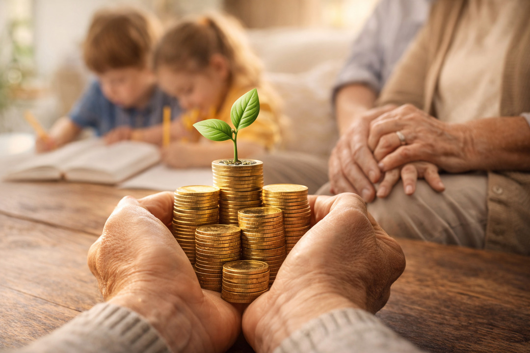 Manos sosteniendo monedas apiladas con una planta creciendo, simbolizando ahorro, inversión y crecimiento financiero para la familia.