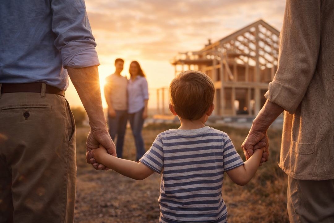 Familia tomada de la mano observando la construcción de su casa al atardecer, simbolizando planificación, patrimonio y futuro familiar.