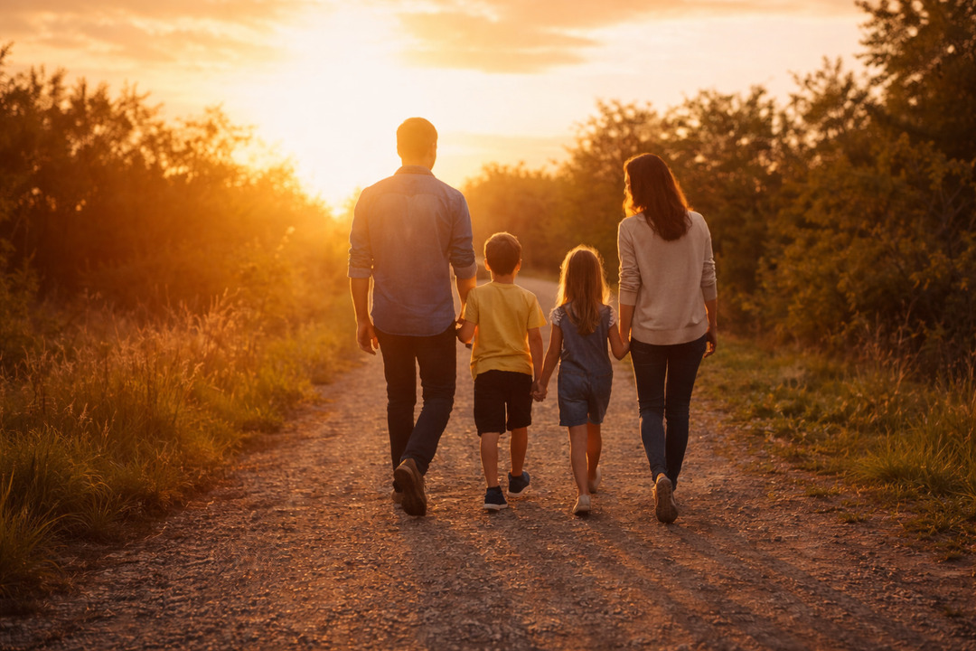 Familia caminando junta al atardecer por un camino rodeado de naturaleza, simbolizando unión, futuro y tranquilidad.