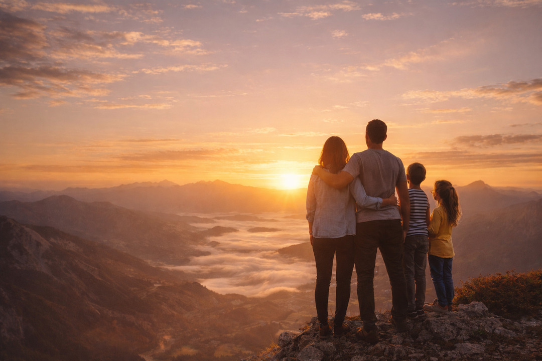 Familia abrazada observando el atardecer desde una montaña, simbolizando tranquilidad, logro y futuro seguro.