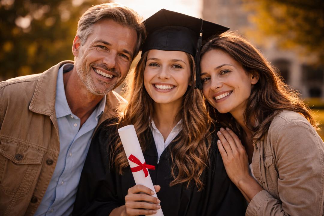 Familia celebrando graduación de su hija con diploma, reflejando éxito académico, apoyo familiar y logro educativo.