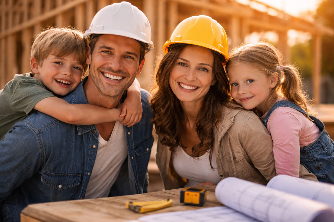 Familia con cascos de construcción sonriendo en obra de vivienda, simbolizando esfuerzo, unión y construcción de patrimonio familiar.