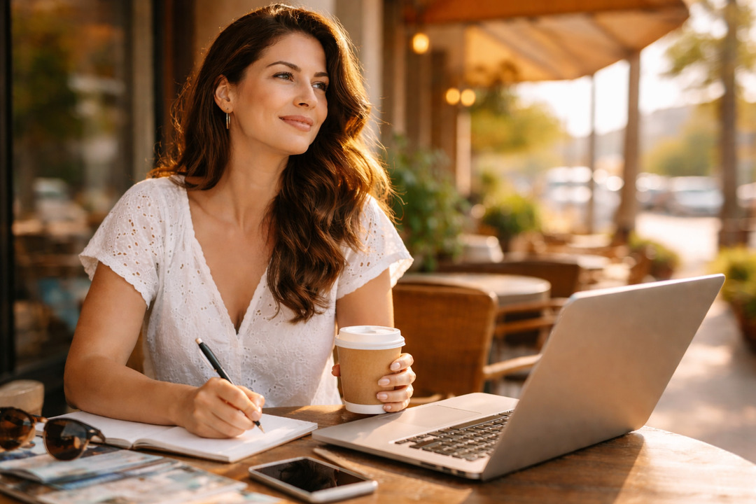 Mujer trabajando en su laptop en una cafetería, planificando sus finanzas y organizando su futuro de manera independiente.