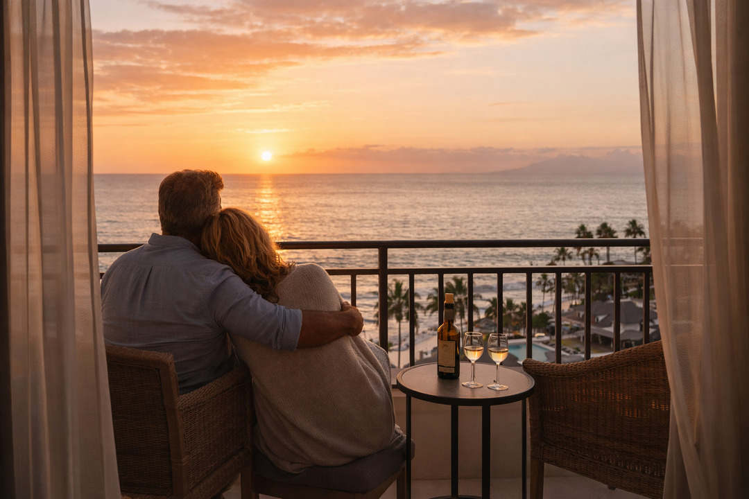 Pareja disfrutando atardecer frente al mar desde un balcón con vista panorámica, simbolizando retiro tranquilo, éxito financiero y calidad de vida.