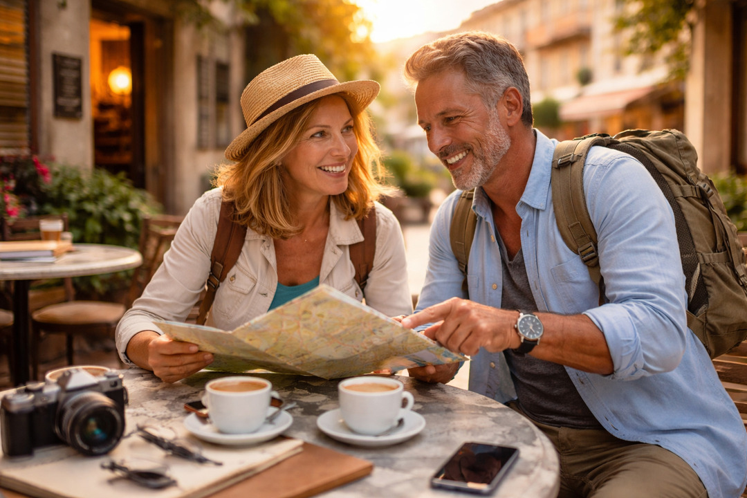 Pareja adulta planeando un viaje en cafetería, revisando un mapa y disfrutando su tiempo libre, simbolizando retiro activo y libertad financiera.