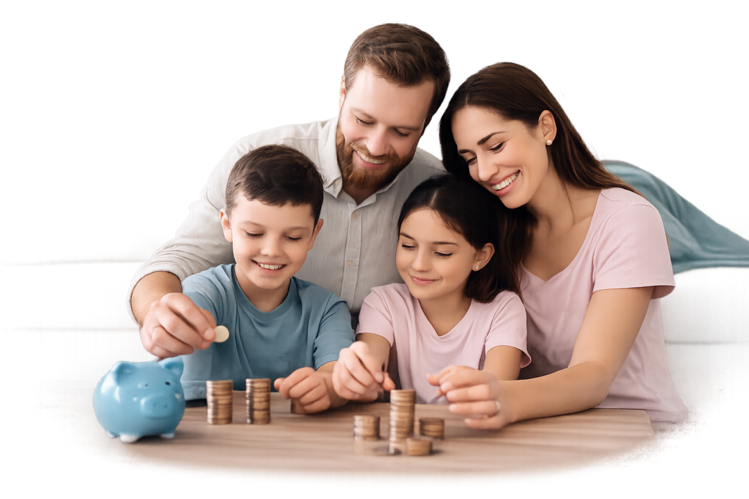 Familia construyendo una torre con bloques de madera mientras ahorran en una alcancía, simbolizando esfuerzo, planificación y construcción de futuro.