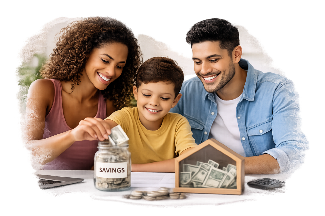 Familia ahorrando dinero en un frasco junto a un niño, simbolizando educación financiera, ahorro y planificación del futuro familiar.