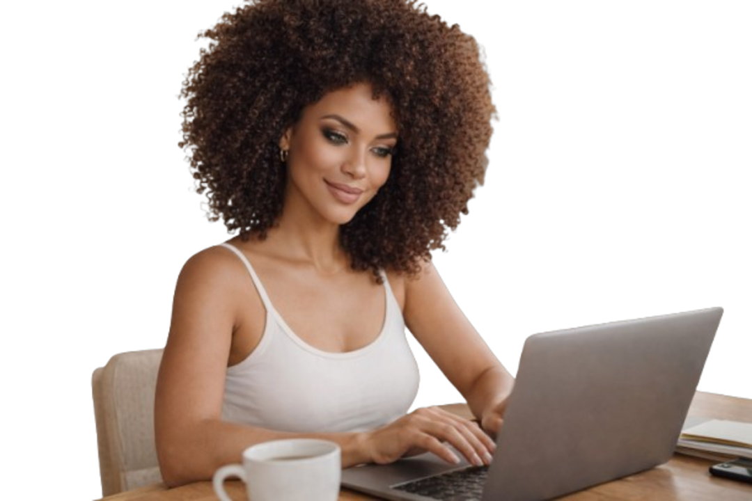 Mujer trabajando en su laptop en casa con una taza de café, reflejando independencia financiera y planificación personal.